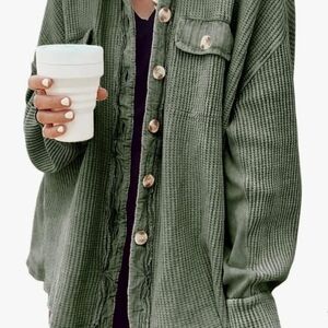 Olive Green Waffle Knit distressed Button-Up Sweater/ Shacket